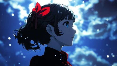 Starlit girl gazes upward, wrapped in quiet midnight wonder