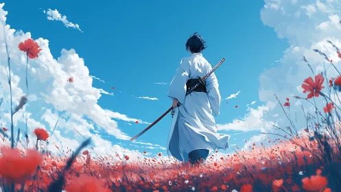 Samurai figure stands in red flower field under blue sky
