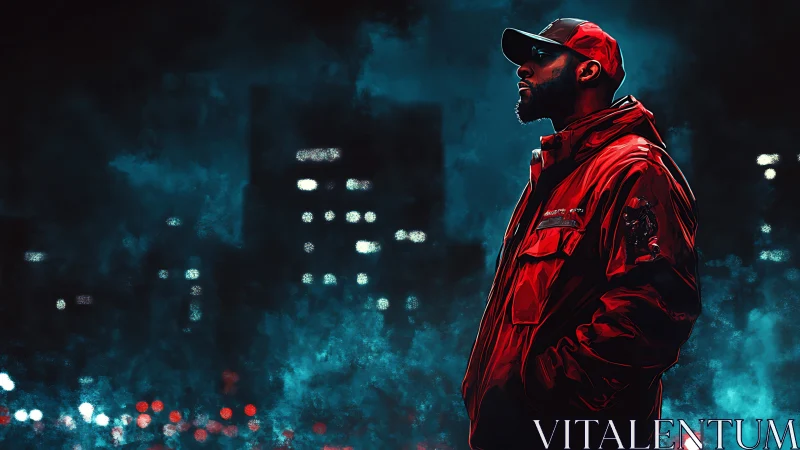 Red-jacketed figure dominates neon-lit urban nightscape profile