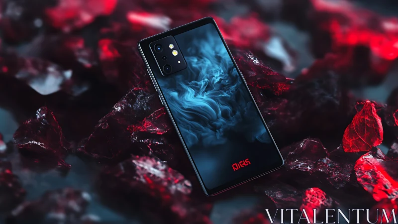 Contemporary smartphone with triple-lens camera system on fractured mineral substrate.