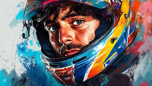 Racing driver portrait in expressive digital paint helmet study.