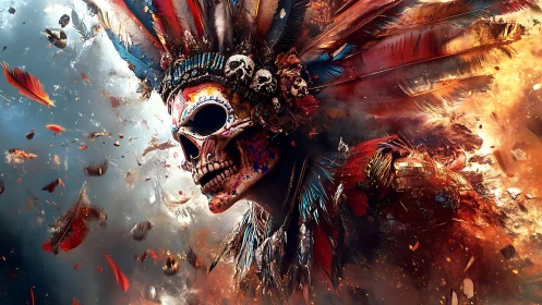 Skull figure with feathered headdress in fragmented motion.