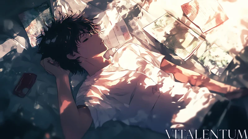 Teen boy resting on bed with scattered books and light.