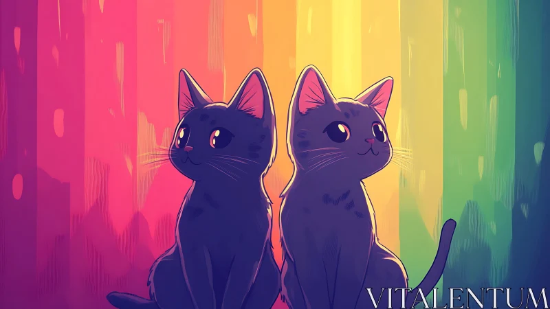 Dual Black Cats Against Rainbow Gradient Background.