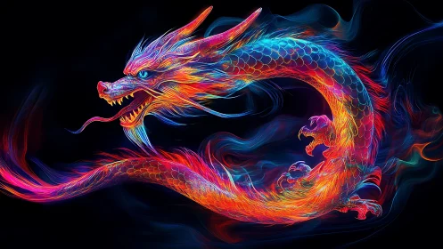 Fiery neon dragon coils in darkness with intense energy.