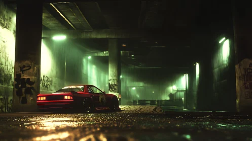 Red sports car in wet underground tunnel with neon lighting.
