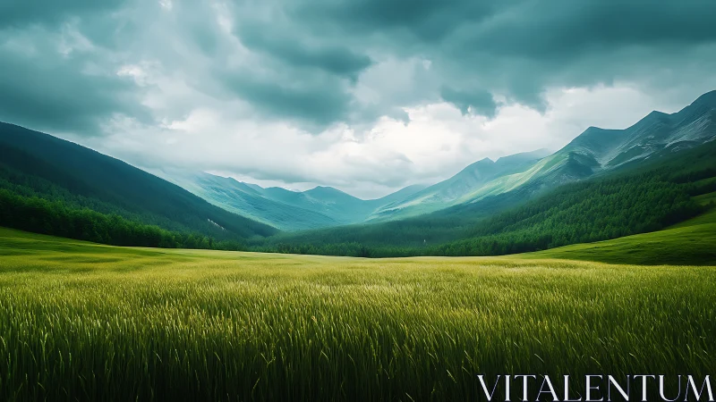 Stormlit mountain valley with vivid green wheat fields.
