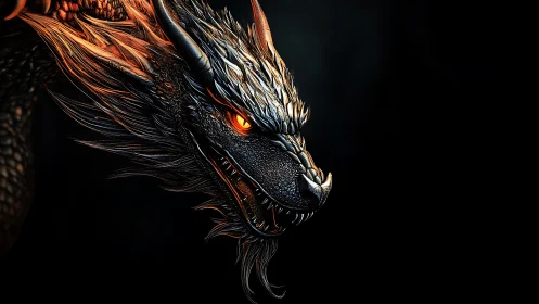 Fiery horned dragon head rendered in sharp digital detail.