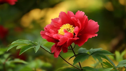 Red peony flower with yellow stamens and green foliage background.