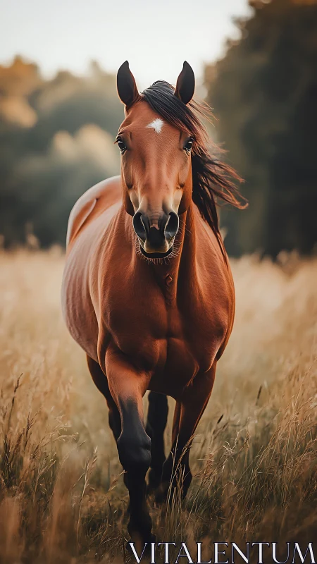 Chestnut horse running through sunlit field in soft focus