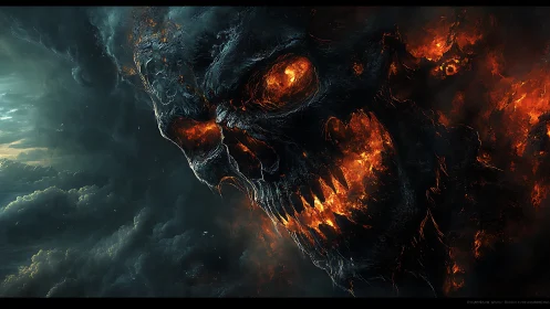 Fiery skeletal storm entity emerging from dark clouds.