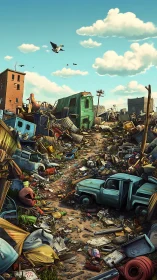 Sunlit junkyard alley winds through rusted cars and debris