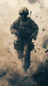 Armored soldier strides through sandstorm of battlefield dust