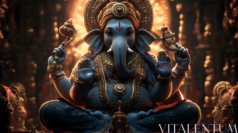 Divine Ganesha idol radiates warm golden temple light