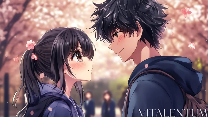 Springtime anime couple under luminous cherry blossoms.