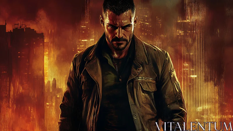Brooding antihero stands against a burning cyber cityscape