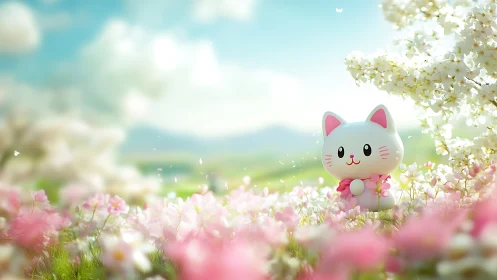 Cute white cat figure enjoys a dreamy spring flower meadow