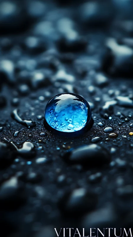 Gentle blue water droplet glows softly on a dark surface