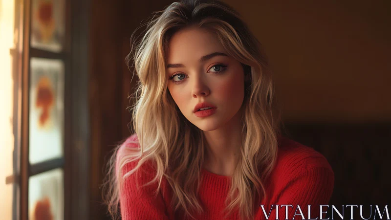 Soft window light on pensive woman in vivid red sweater.