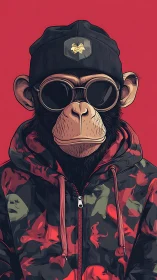 Streetwise chimp portrait in bold red urban camouflage.