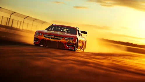 Sunlit stock car drifting through golden dust at speed.