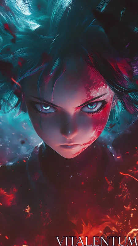 Dual-element anime warrior in blazing teal and crimson storm.