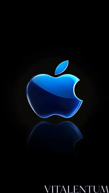 Electric blue apple emblem floats in polished darkness