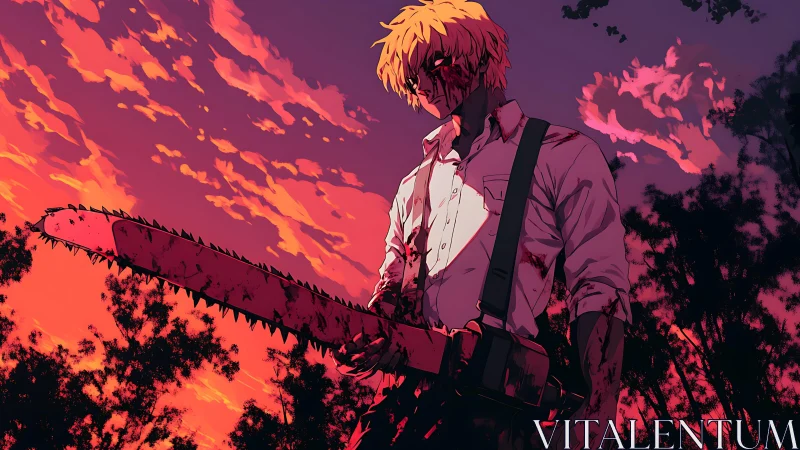 Bloodstained anime figure holding chainsaw at sunset field.