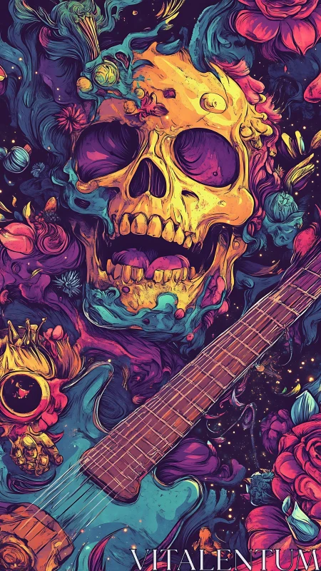 Psychedelic skull and electric guitar merge in swirling neon flora