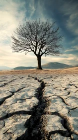 Solitary winter tree guarding a cracked desert earthscape.