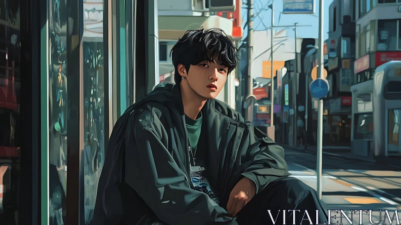 Urban youth rests in sunlit street with reflective mood.