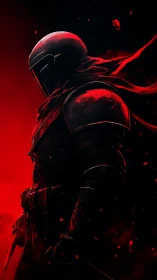 Armored sci fi warrior in red smoke against black void.