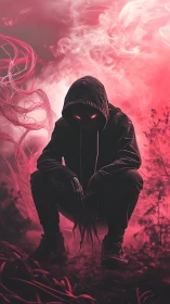 Hooded shadow demon crouching in red smoky forest night.