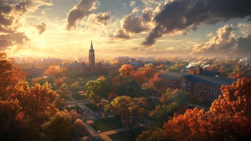 Golden autumn campus skyline glows under dramatic sunset clouds