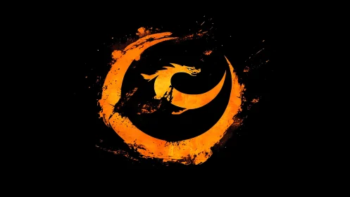Orange dragon emblem curves inside rough circular stroke