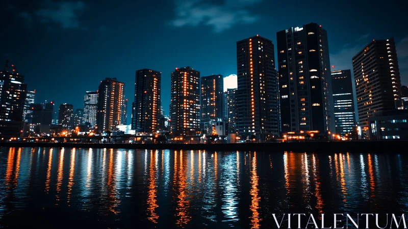 Riverfront city lights glow warmly against a deep blue night