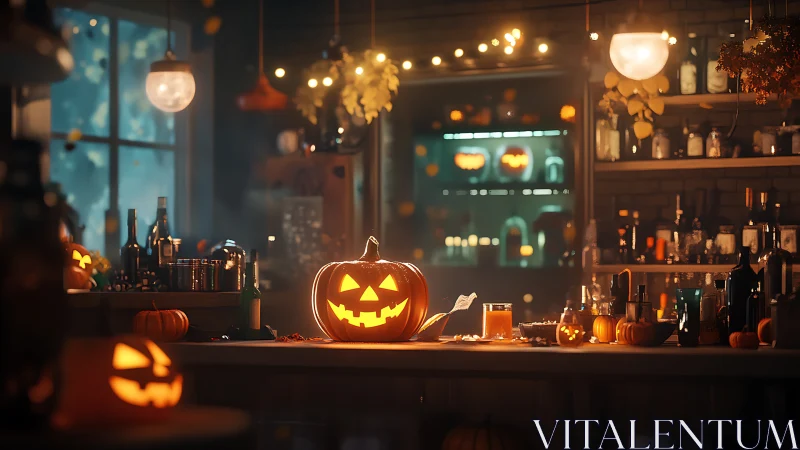 Illuminated jack-o-lantern on bar counter with autumn evening ambiance