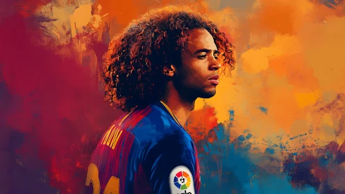 Young footballer stands focused amid fiery painted stadium haze