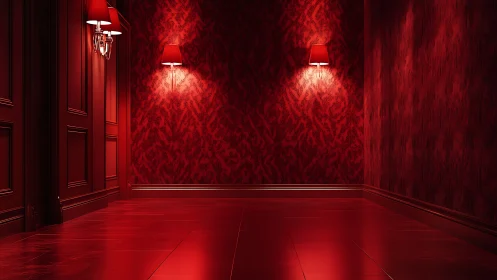 Crimson hallway interior glows under twin wall sconces.