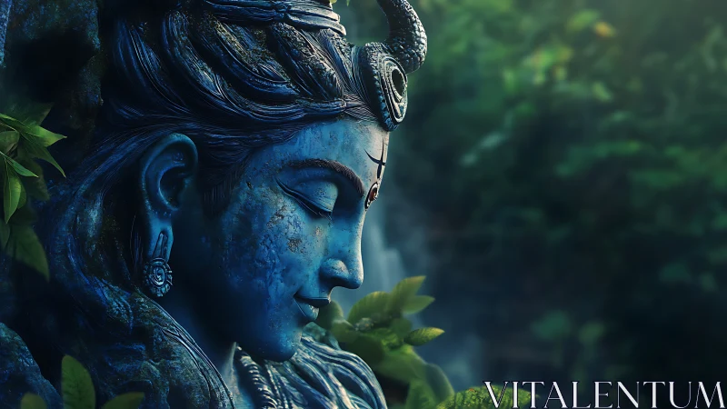Blue stone Shiva profile sculpture in dense foliage setting.