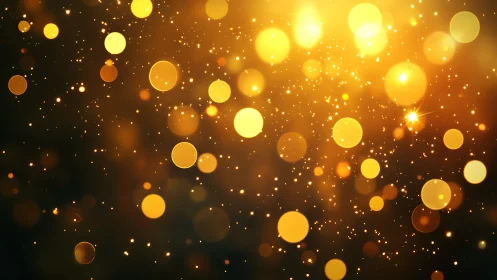 Golden bokeh light particles on dark blurred background.