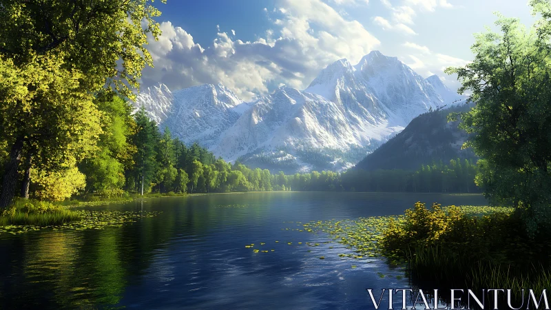 Sunlit alpine lake cradled beneath luminous snow peaks.