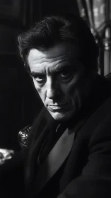 Moody black and white portrait with intense quiet gaze.