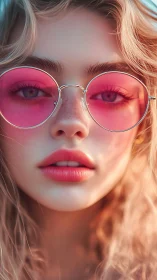 Close portrait of woman in round pink tinted glasses.