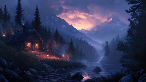 Mountain cabin at dusk with glowing river and storm-lit sky.