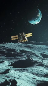 Lunar lander under crescent planetlight in vertical 3D vista.