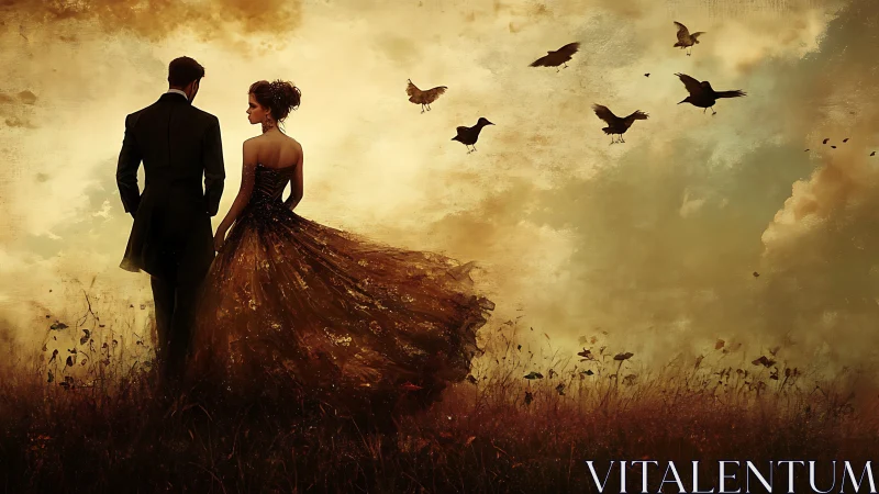 Couple in Ethereal Field with Flying Birds.