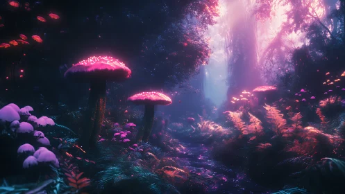 Neon mushrooms whisper soft light into a glowing dream forest