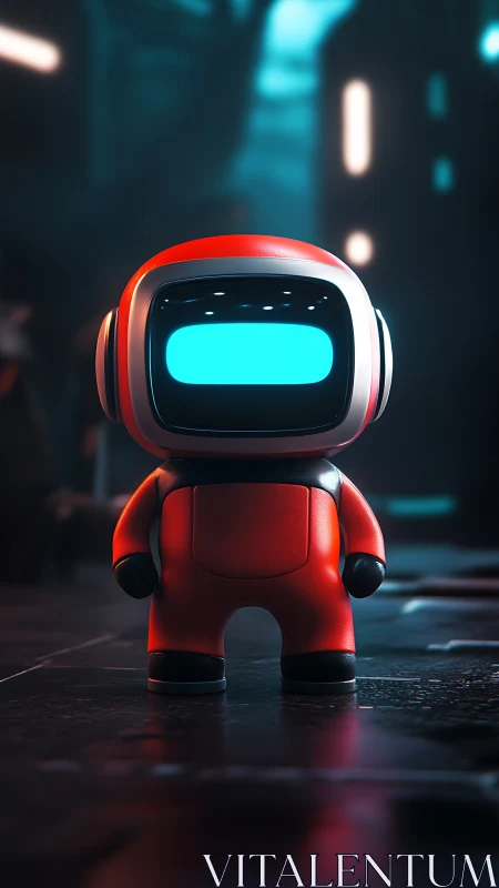 Red toy robot in futuristic neon lit urban alleyway.