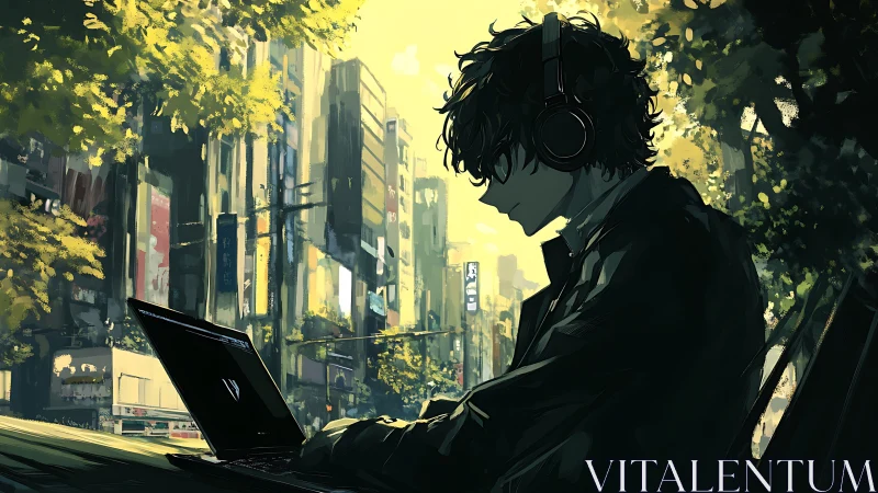 Anime urban coder in cinematic backlit streetscape silhouette.